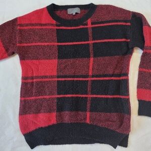 Anthropologie Med Red/Black Tartan cabin Scandi sweater Sunday Brooklyn holiday